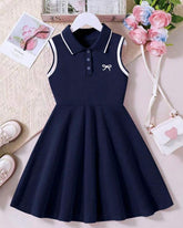 Girls' Bow Print Polo Collar Casual Dress