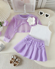 Baby Girls Purple 3PCS Elegant Outfit Set – Camisole, Pearl Flower Vest & Bow Pleated Skirt