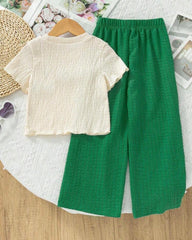 Girls Dark Green and White 3D Floral Textured T-Shirt & Pants Set β 2pcs Casual Outfit