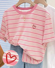 Pink Striped Digital Print & Heart Embroidery Regular Crew Neck T-Shirt