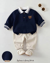 2pcs Baby Boy Blue Polo Bear Shirt & Beige Winter Pants