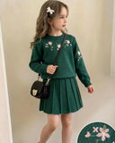 Girls’ Green Floral Jacquard Cardigan & Pleated Skirt Set