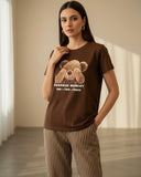 2pcs Women Summer Casual Bear Print Round Neck T-Shirt & Striped Pants Set