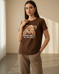 2pcs Women Summer Casual Bear Print Round Neck T-Shirt & Striped Pants Set