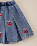 Girls Cherry Embroidered Top & Frilled Denim Skirt Set (3 Colours)