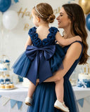 Baby Girls Blue Satin & Mesh Princess Dress with 3D Flowers