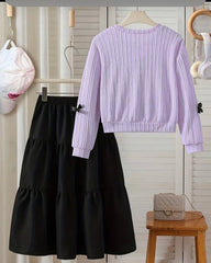 Fashionable Cute Delicate Bow-Tie Top With Half Skirt Suit, Casual Elegant Fashion