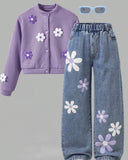Tween Girls Purple 3D Floral Cardigan & Vintage Floral Blue Jeans Set