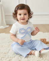 2pcs Baby Girl Sky Blue Striped Bow T-Shirt & Pants Set
