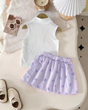 Girls’ Ribbed Knit Tank Top & Purple Bow Print Skirt Set