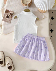 Girls’ Ribbed Knit Tank Top & Purple Bow Print Skirt Set