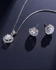 Classic Round & Cubic Zirconia Platinum Plated Women's Necklace & Earrings Jewelry Set
