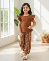 Baby Girls Brown Striped Ruffle Sleeve T-Shirt & Floral Pants Set