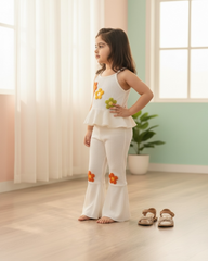 Girls 3D Floral Ruffle Crop Top & Flared Pants Set