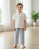 Young Boys 2-Piece Shirt & Sky Blue Bear Striped Pants Set