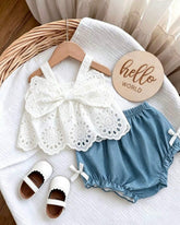 Baby Girl Hollow Lace Bow Top & Blue Shorts Set
