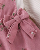 3-Piece Baby Girl Pink Floral Ruffle Suspender Dress with Top & Bow Headband