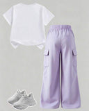 Tween Girls Purple Bow Embroidery White T-Shirt & Cargo Pants Set