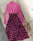 Women's Elegant Waist Cinched Slim Fit Leopard Print Pleated Flare Maxi Dress