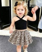 Baby Girl Black & White Leopard Print Dress Set – Korean Style Cross Strap Cake Dress
