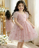 Pink Puff Sleeve Formal Party Tulle Dress with Cinched Waist