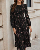 Casual Striped & Dot Pattern Round Neck Long Sleeve Dress, Suitable For Spring & Summer