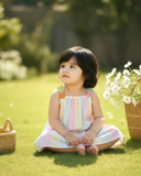 Baby Girls’ Pastel Colors Ribbon Patchwork Striped A-Line Dress