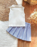 2pcs White Baby Girl Embroidery Sleeveless Top and Blue Striped Pleated Skirt