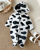 Newborn Baby Winter Hooded One-Piece Cow Print Romper
