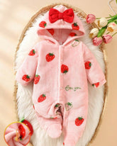 Newborn HoodedCute Cherry Print Flannel Romper