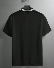 Men’s White Striped Collar Half Sleeve Black Textured Polo Shirt - Summer
