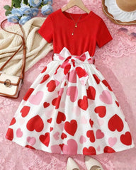 Girls Red Knit Dress with Heart Hem & Tie Waist – Cute Summer Casual Dress for Kids