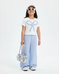 2pcs Toddler Girl Sky Blue Striped Bowknot T-Shirt & Pants Set