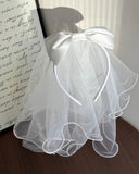White Veil Pearl Bow Headband for Girls