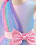 Girls Rainbow Ombre Pink Dress – Sleeveless Bow Tulle Puffy Long Gown