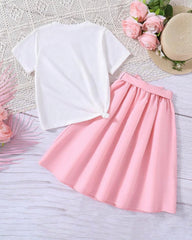 2pcs Girls Pink Cartoon Letter Print Short Sleeve Top & Skirt