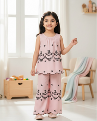 Girls Sleeveless Co-Ord Set – Pink Printed Embroidered Hem Top & Wide-Leg Pants