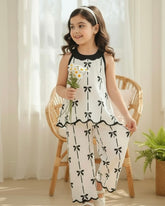 Girls’ Bow Print Black and White Halter Top & Wide-Leg Pants Set
