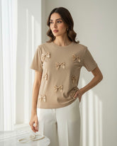 Women Khaki Knitted Bow Front Round Neck Casual T-Shirt
