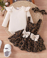Baby Girl Brown Leopard Print Strap Dress Ribbed, Long Sleeve Bodysuit With Headband