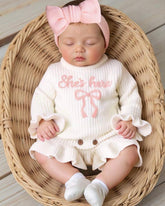 2pcs Premium Newborn Baby "She's Here" Bow Embroidery Knitted & Headband Set
