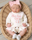 2pcs Premium Newborn Baby "She's Here" Bow Embroidery Knitted & Headband Set