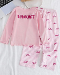 Kids Girls Bow Print Ribbed Pajama Set – Pink Long Sleeve Top & Pants