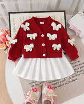 2pcs Baby Girl 3D Bow Red Cardigan & White Skirt Set
