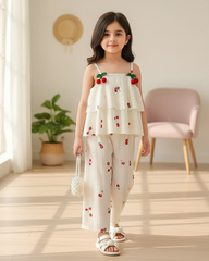 Cherry Print Cami Top With 3D Pom Pom Decor & Straight Leg Pants
