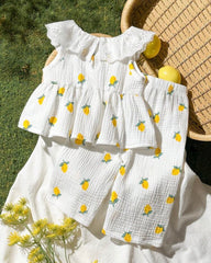 Baby Girls knitted sleeveless lace Lemon collar top + straight leg pants
