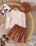 Baby Girl 2PCS Brown Faux Leather Skirt and Top