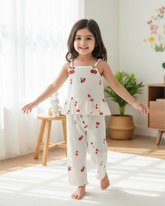 2Pcs Baby Girls Printed Embroidered Cherry Top & Pants Set – Summer Outfit