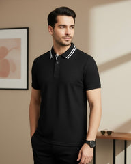 Men’s White Striped Collar Half Sleeve Black Textured Polo Shirt - Summer