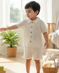 Baby 2pcs Summer Outfit – Apricot Textured Shirt & Shorts Set